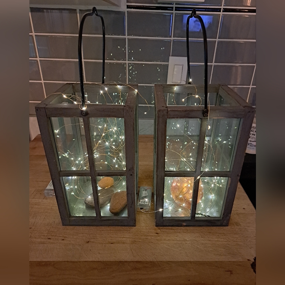 Rustic Gray Lantern Set with LED Lights